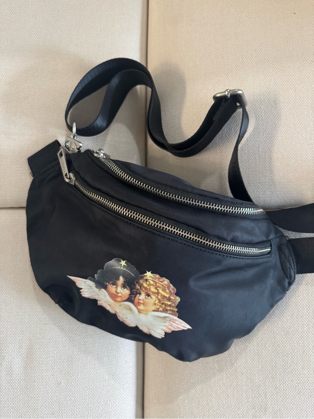 Fiorucci Black Angel Print Nylon Crossbody Belt Bag